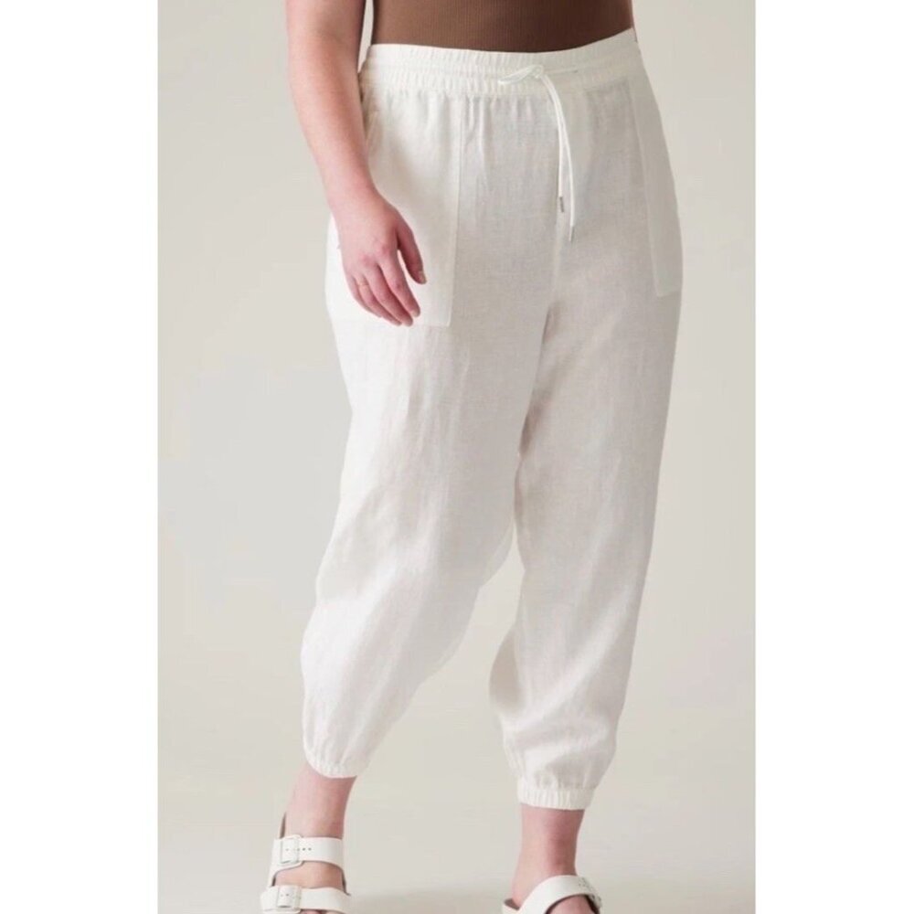 Athleta Retreat 100% Linen Jogger Pants Calla Lily White Size 20 Beach Boho Plus